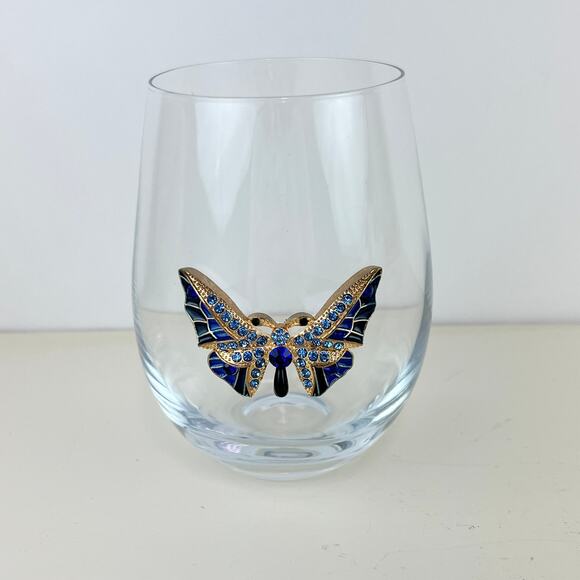 Rachel Zoe Rhinestone Blue Butterfly Stemless Wine Glass - Picture 1 of 4